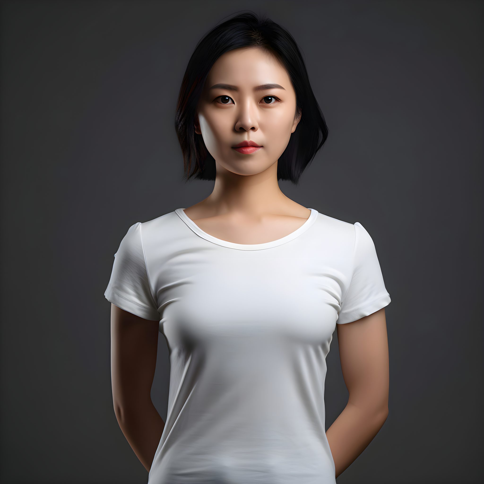 Portrait of beautiful Asian woman in white t shirt. isolated on grey background