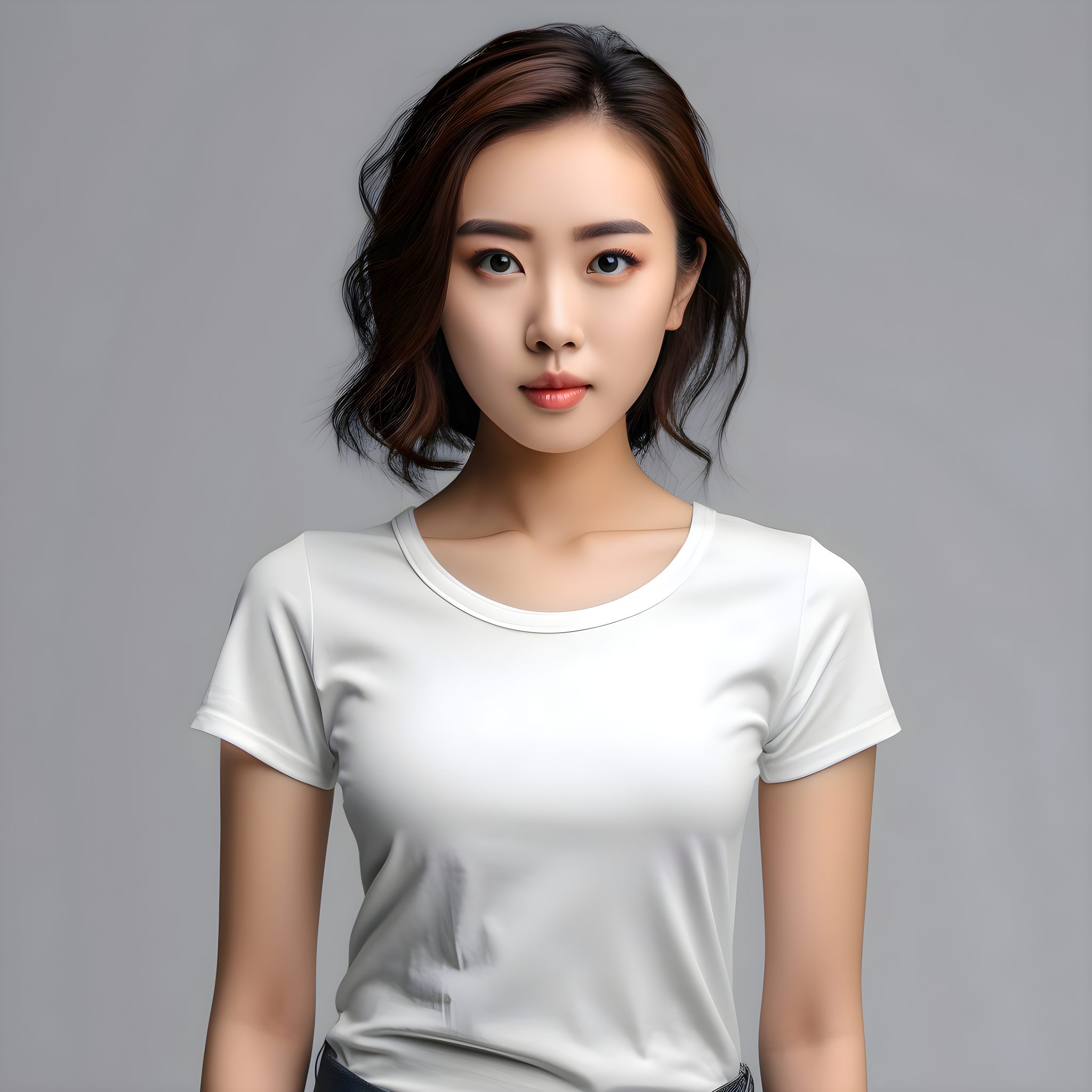 Beautiful asian woman in white t shirt. isolated on grey background